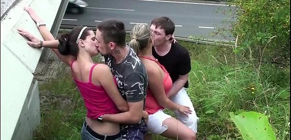  Cum on Krystal Swift face in PUBLIC foursome by a highway